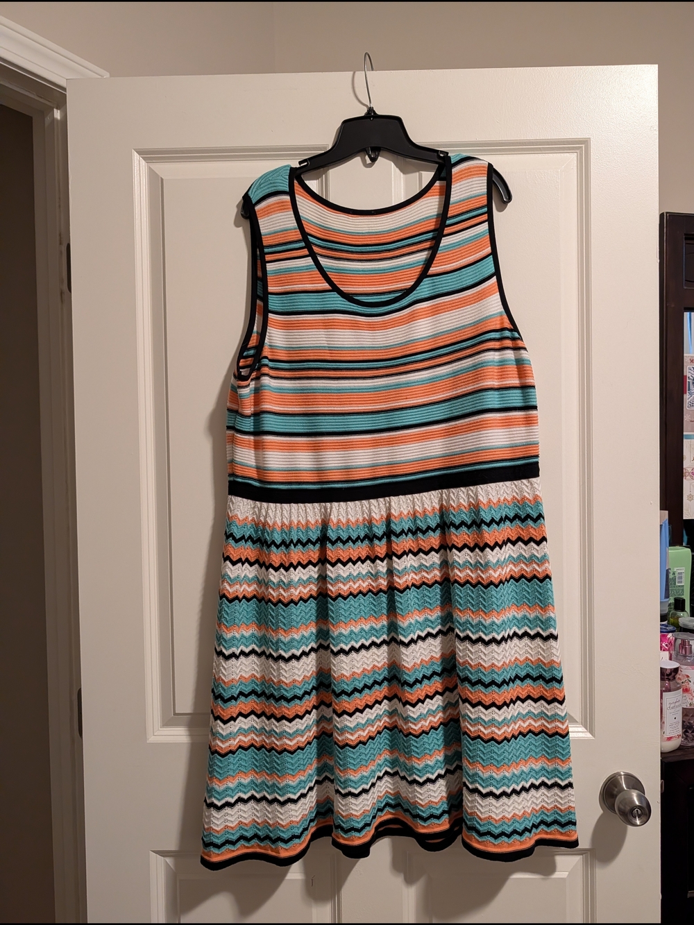 Striped Sleeveless Knit Dress in Teal, Coral & Black